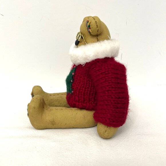 Teddy Bear Shelf Sitter Folk Art Red Sweater Green Christmas Tree - Picture 4 of 7